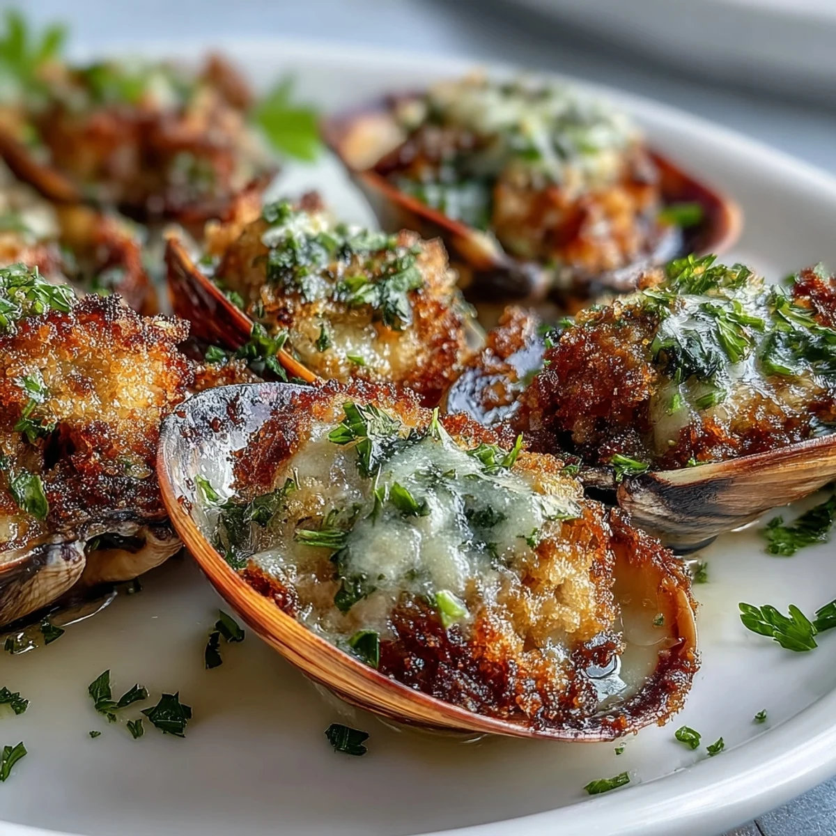 Golden-brown Roasted Clams With Lemony Panko bubbling on a baking sheet, served with fresh lemon wedges.