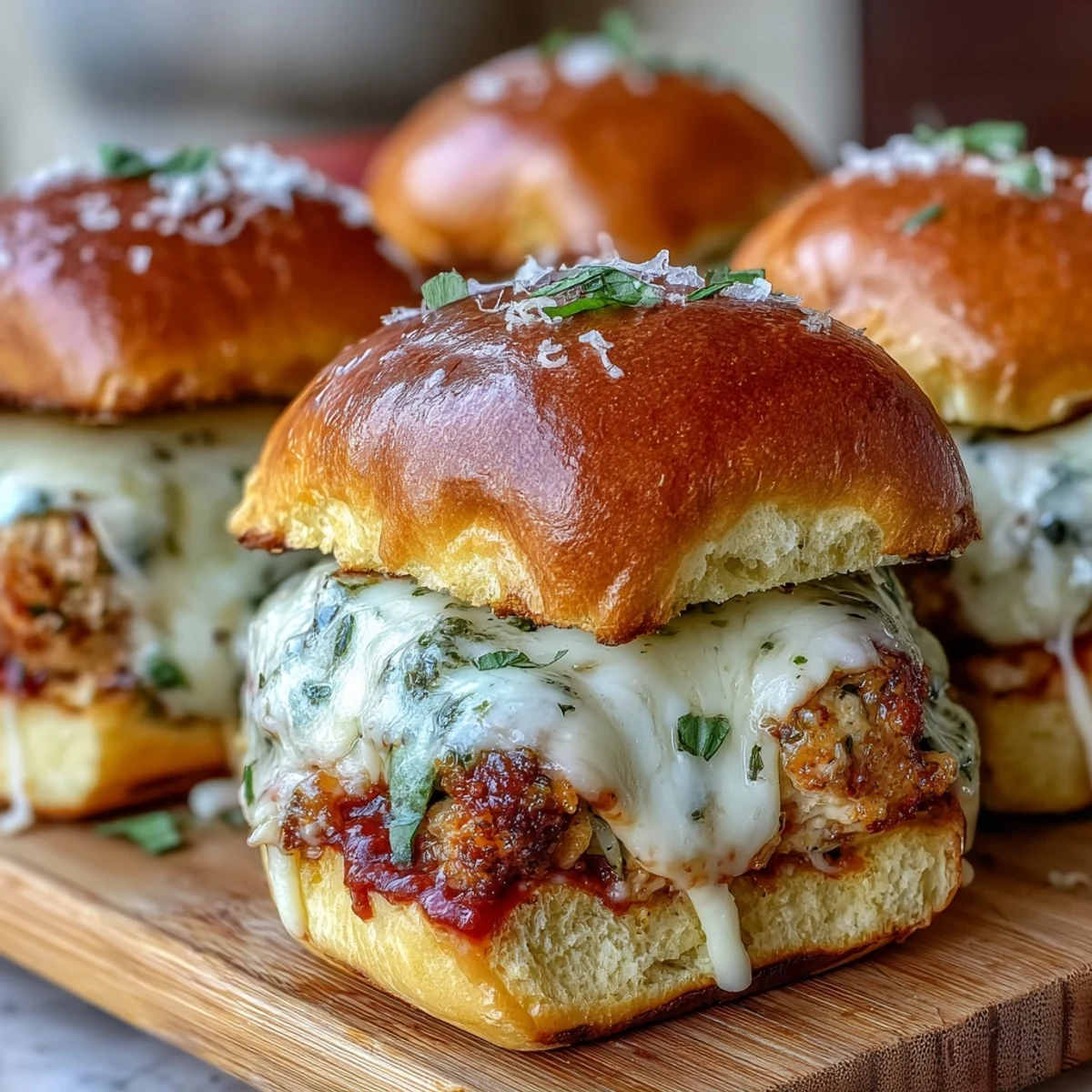 Golden-brown Pesto Chicken Parmesan Sliders on a platter, with melted mozzarella and fresh basil garnish for parties.