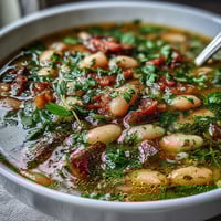 A steaming bowl of ham and cannellini bean soup with fresh parsley and thyme garnish.