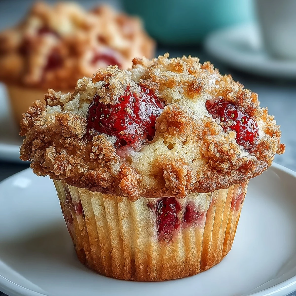 Fluffy strawberry muffins with golden crumble topping and fresh lemon zest for a bright, tangy twist.  