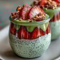 Strawberry Matcha Layered Chia Pudding Jars with fresh berries and creamy matcha yogurt, a colorful and healthy breakfast or snack.