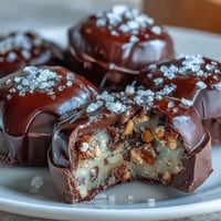 Decadent peanut butter cup freezer bites with creamy cottage cheese and rich dark chocolate, topped with crunchy peanuts and sea salt.