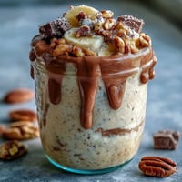 Protein cookie dough overnight oats in a glass jar, layered with creamy oats, mini chocolate chips, and a swirl of almond butter.