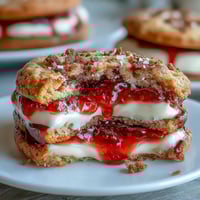 Buttery thumbprint cookies filled with clotted cream and strawberry jam, perfect for afternoon tea.