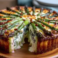 Spring asparagus tart with puff pastry, golden and flaky, showcasing tender green spears and creamy cheese in a perfect springtime appetizer.