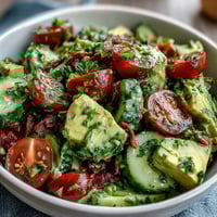 Fresh cucumber tomato avocado salad with lemon dressing, a colorful and healthy summer side dish bursting with flavor.  