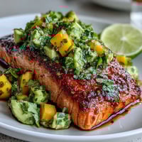 Baked salmon with mango avocado salsa, topped with a colorful mix of fresh fruit and herbs.
