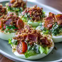 Creamy BLT Deviled Eggs topped with crispy bacon, fresh lettuce, and juicy tomato for a perfect appetizer.