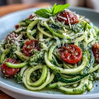 Vibrant zucchini noodles tossed with fresh basil pesto and juicy cherry tomatoes for a light, gluten-free meal.