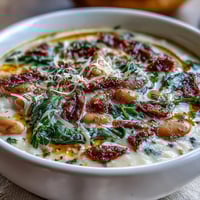 Creamy Tuscan White Bean Soup with tender beans and spinach in a rich, velvety broth.