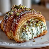 Golden, flaky croissant filled with smooth pistachio cream and topped with chopped nuts—perfect for an indulgent brunch or dessert.