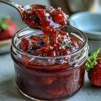 Rustic strawberry jam in a mason jar, vibrant red and glistening, ready to spread on warm toast for a cozy breakfast.