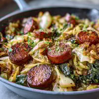 Cabbage and Sausage Skillet with smoky sausage and tender cabbage in a tangy mustard sauce.