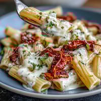 A creamy Marry Me Pasta with sun-dried tomatoes, garnished with fresh basil.