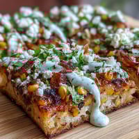 Cinco de Mayo Street Corn Flatbread, richly topped with charred corn and creamy jalapeño crema.
