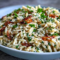 Creamy roasted garlic orzo, a golden, herb-flecked comfort dish.