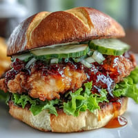 Golden brown crispy hot honey chicken sandwich on a brioche bun with pickles.
