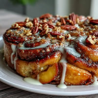 Warm Peach Cobbler Cinnamon Roll Casserole with gooey peaches and sweet icing.