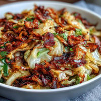 Golden fried cabbage with bacon and onions, savory Southern comfort food.