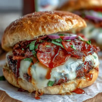 Juicy hot honey pizza burgers topped with melted cheese and pepperoni.