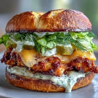 Crispy pickle-brined chicken smash sandwich piled high with lettuce on a toasted brioche bun.