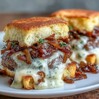 French Onion Smash Burger Sliders, cheesy and loaded with sweet caramelized onions.