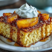 Creamy whipped topping crowns nutty brown butter cornbread peach shortcake dessert.