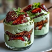 Vibrant Strawberry Matcha Tiramisu Cups layered with creamy mascarpone and fresh fruit.