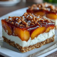 Golden pretzel peach Jello salad layers with creamy cheesecake filling.